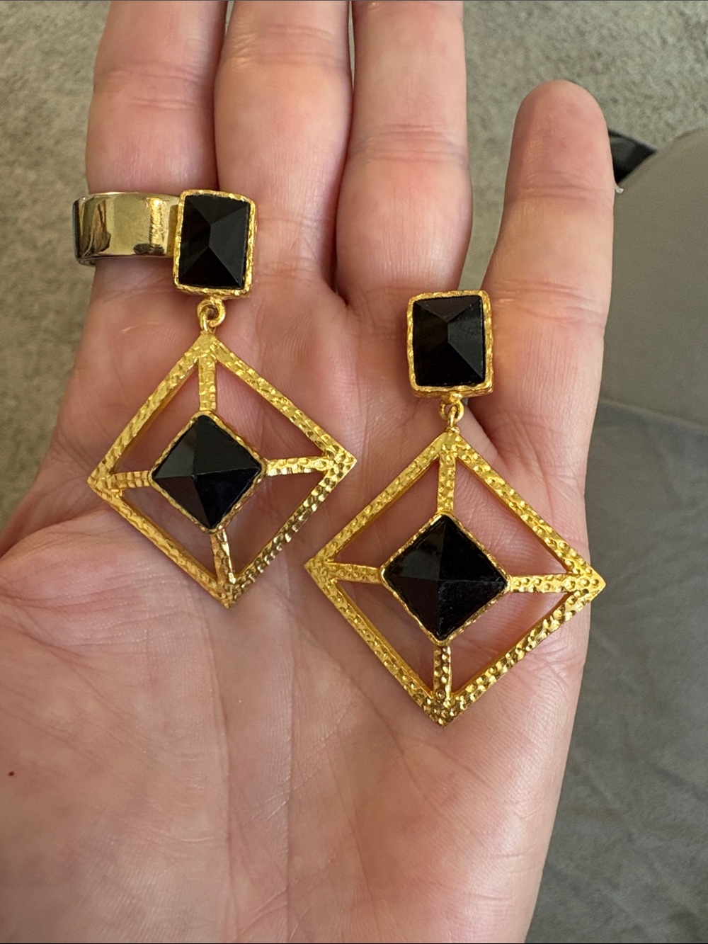 Gold and Black Geometric Drop Earrings - Designer Style